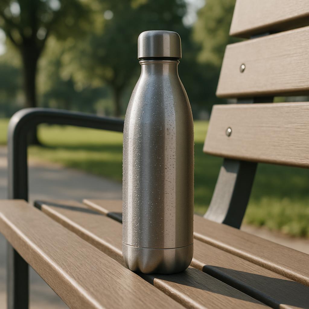 A metal, insulated water bottle with a narrow body and flared shoulder with a textured surface, sitting on a wooden park b...