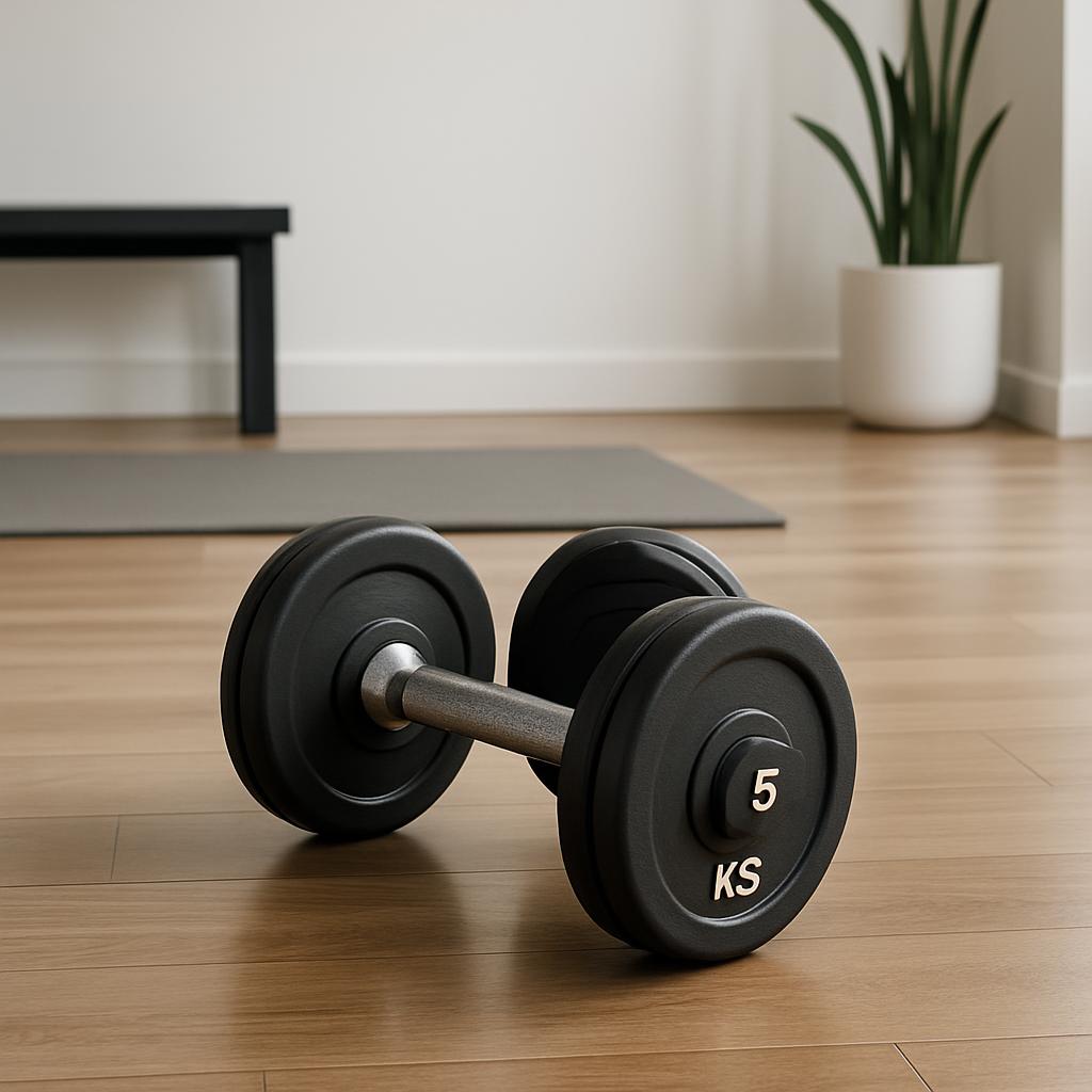 closeup of a black, metal, adjustable dumbbell, at a home gym gym room, with a plant in a white pot and a grey yoga or wor...