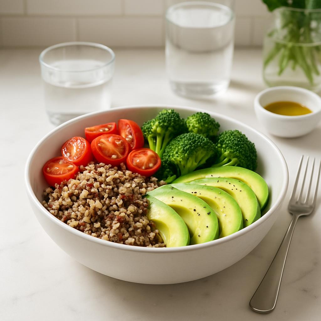A white bowl containing a mixture of brown rice or couscous, cherry tomatoes, sliced avocado, and broccoli, accompanied by...