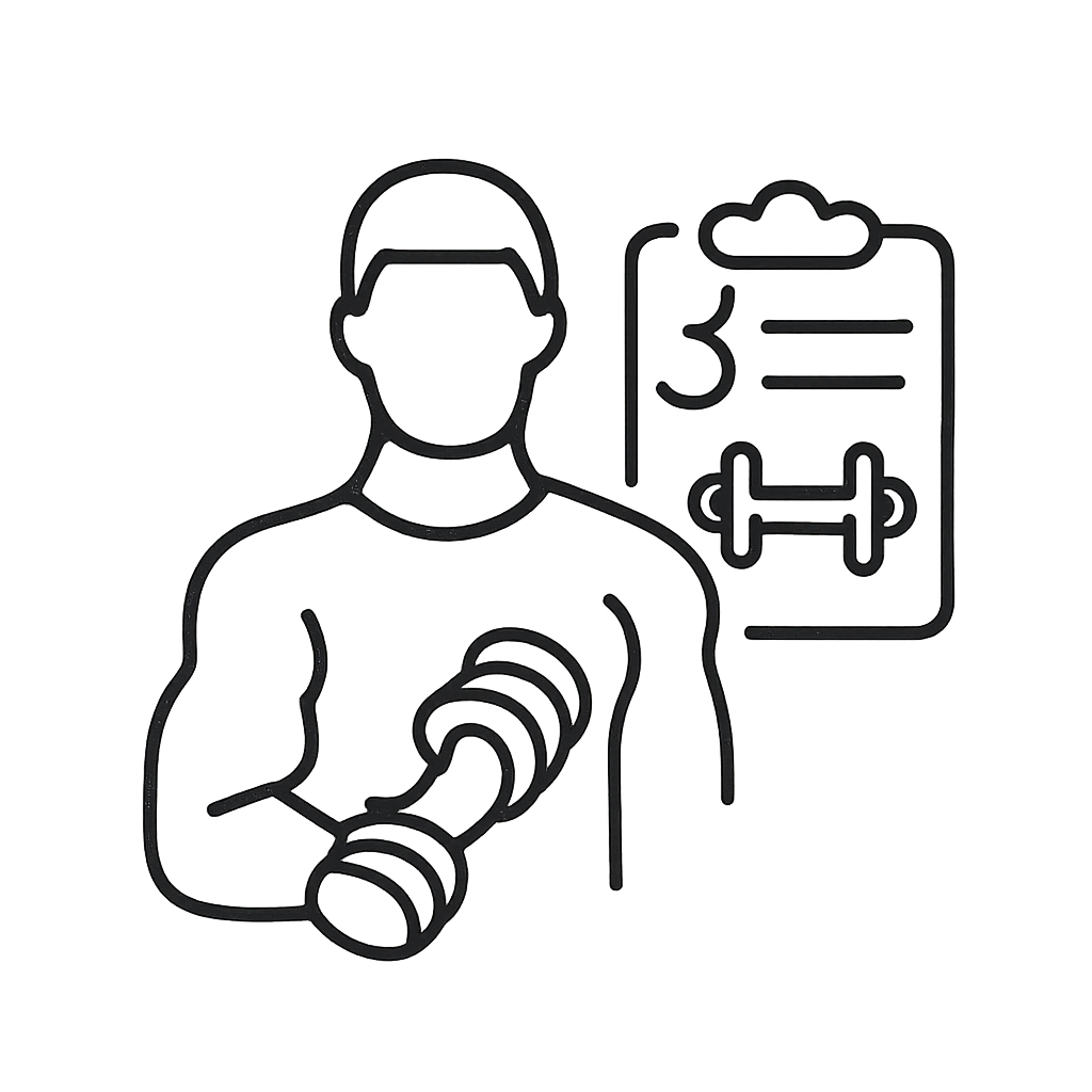 A cartoon man in the center, holding some dumbbells looks at another tablet. There's a weight lifting checklist on the tab...